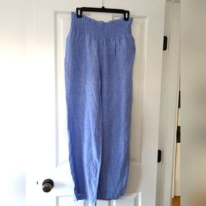 French blue linen pants with smocked high waist, size L